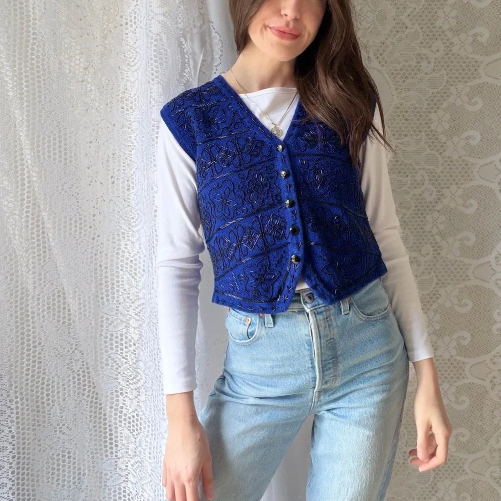 Y2K Cobalt Blue Beaded Sweater Vest Worthington Knit Button Front